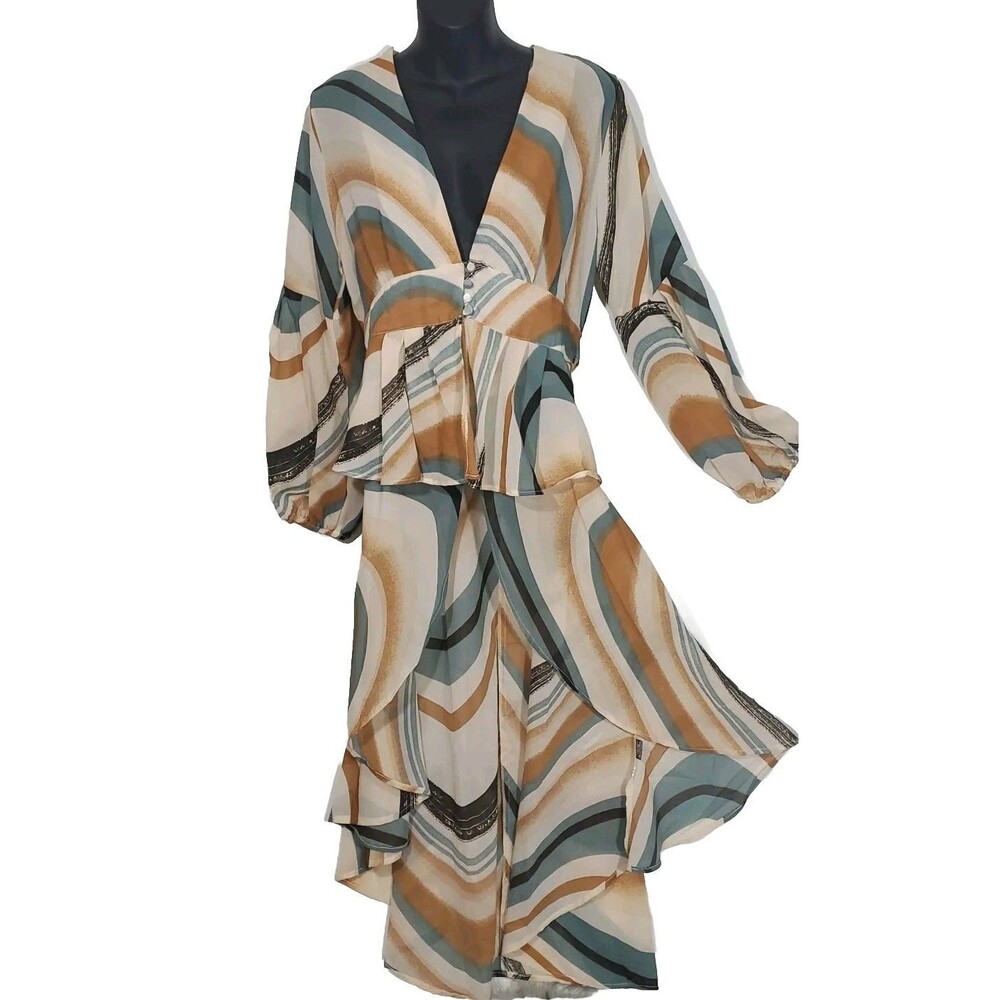 Thread Story L Sheer Deep VNeck Balloon Sleeve Smock Back Maxi Swirl Pattern Top
